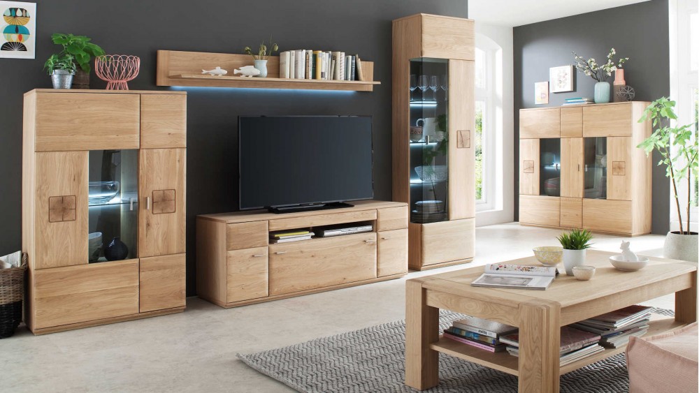 Wohnwand Weiß Wohnzimmerschrank modern TV Lowboard Holz Schrankwand massiv 2060 